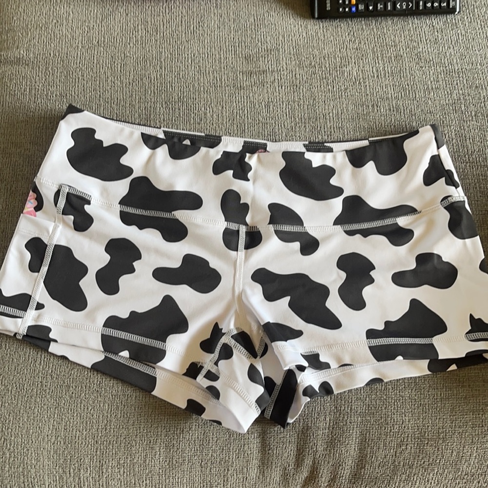Large cow print gym shorts 2” inseam